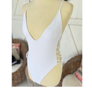 Zara White One Piece Swimsuit Tie-up Side Detail Size Large